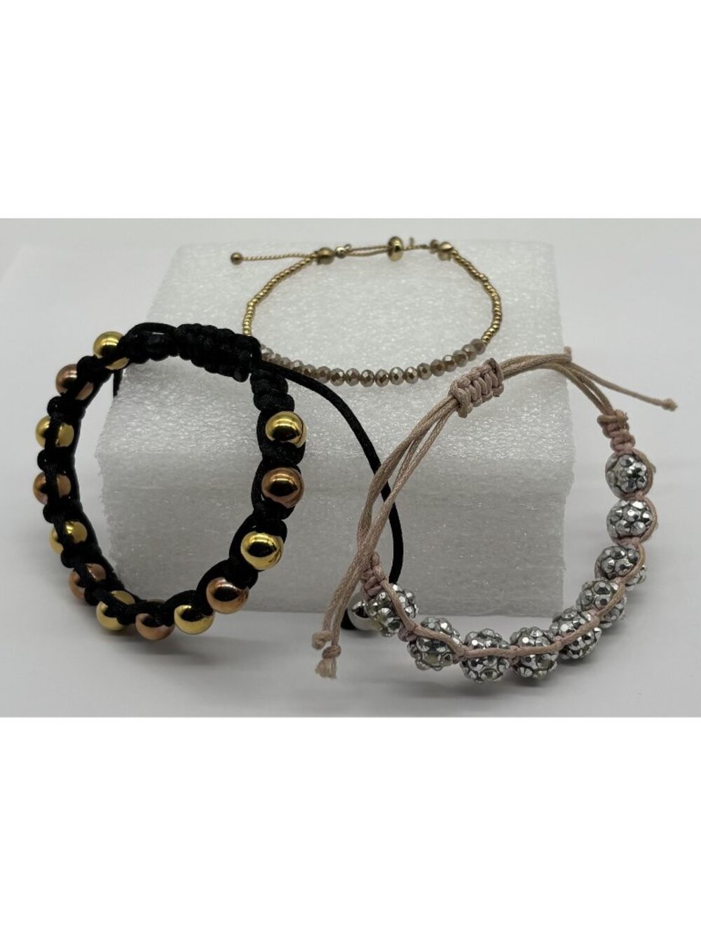 Lot of Three Bracelets Shamballa Slider Macrame Bolo-Style Adjustable Not Signed